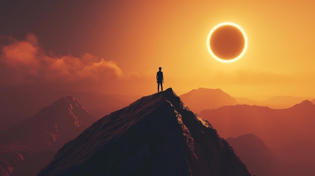 A person standing on top of a mountain looking at a solar eclipse