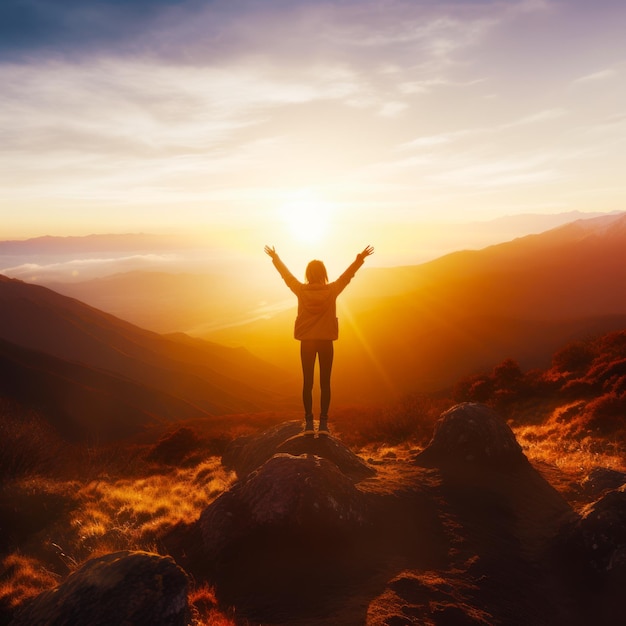 Person standing on top of mountain with their arms up in the air Generative AI