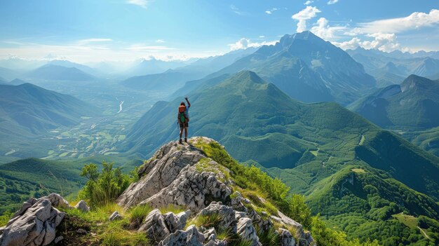 Photo person standing on top of a mountain