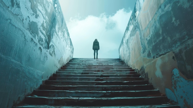 A person standing at the top of a staircase looking up with determination and confidence symbolizing the journey of progress overcoming challenges and the steps taken towards achieving personal