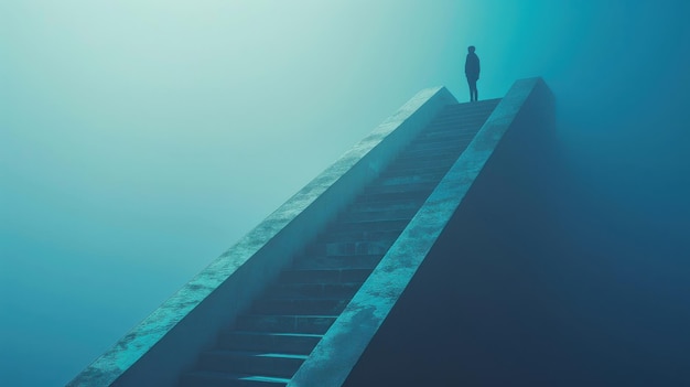 A person standing at the top of a staircase looking up with determination and confidence symbolizing the journey of progress overcoming challenges and the steps taken towards achieving personal