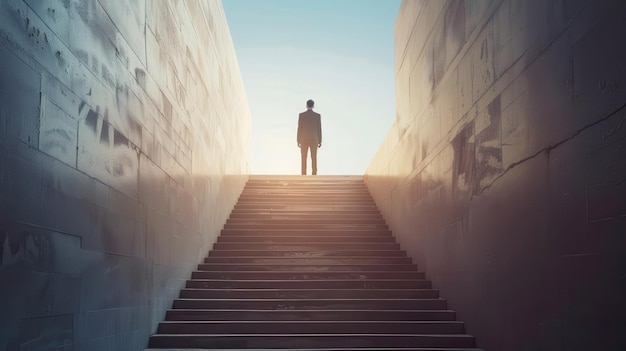 A person standing at the top of a staircase looking up with determination and confidence symbolizing the journey of progress overcoming challenges and the steps taken towards achieving personal