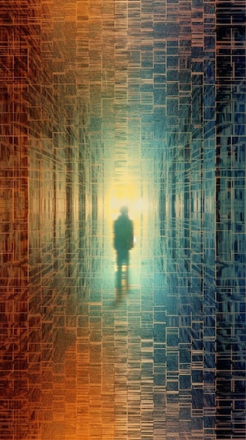 A person standing in a tunnel with the light shining through.