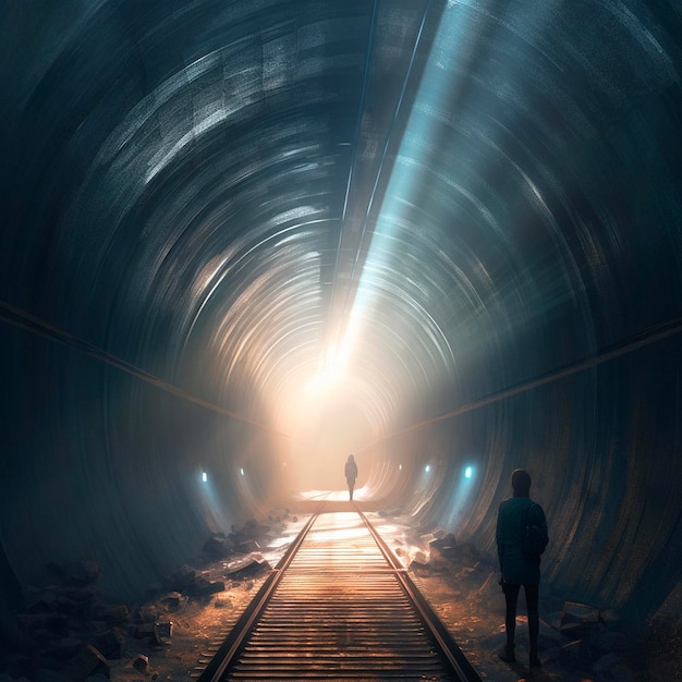 A person standing in a tunnel with the light on.