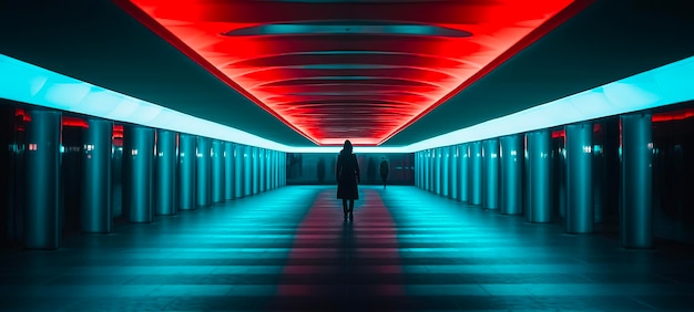 A person standing in a tunnel with a red light on the ceiling.