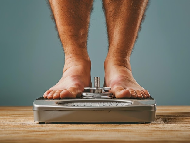 Person standing on a vintage scale on tiled floor weighing themselves during a morning routine