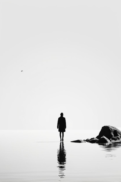 Photo a person standing in the water with a bird flying above him