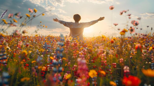 Person Standing in Wildflower Field Embracing Freedom and Joy Photo Realistic Image with Copy Spac