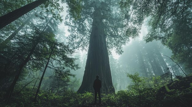 Photo a person standing in wonder under towering redwood tree surrounded by misty forest