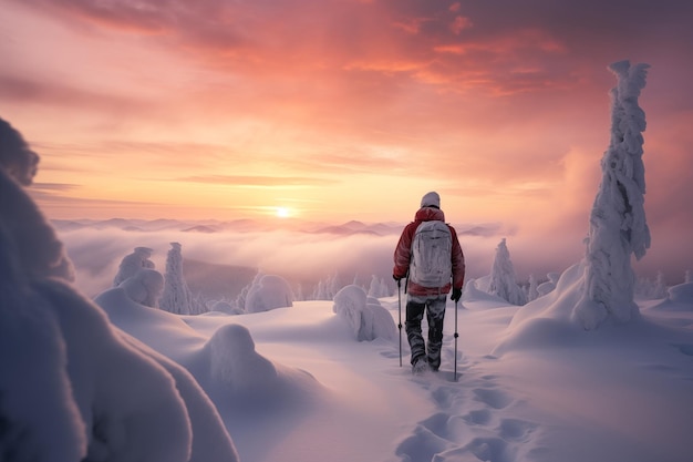 A person stands amidst snowcovered trees looking towards a vivid sunset