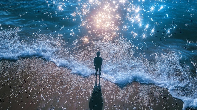 Photo person stands on the beach surrounded by sparkling water with reflections of silver light