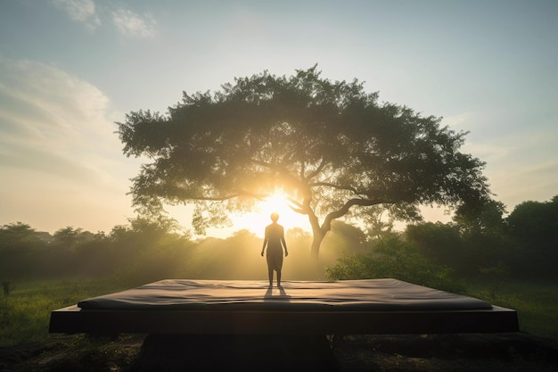 A person stands on a bridge in front of a tree with the sun shining through the trees.