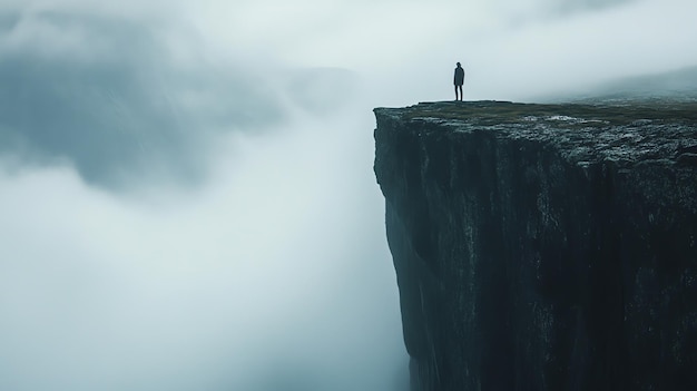 Photo a person stands on a cliff edge overlooking a foggy landscape