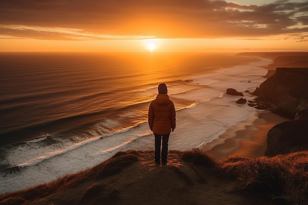 A person stands on a cliff overlooking the ocean at sunset.