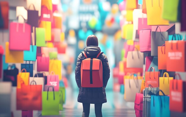 Photo a person stands in a colorful shopping mall surrounded by vibrant shopping bags evoking a sense of excitement and adventure