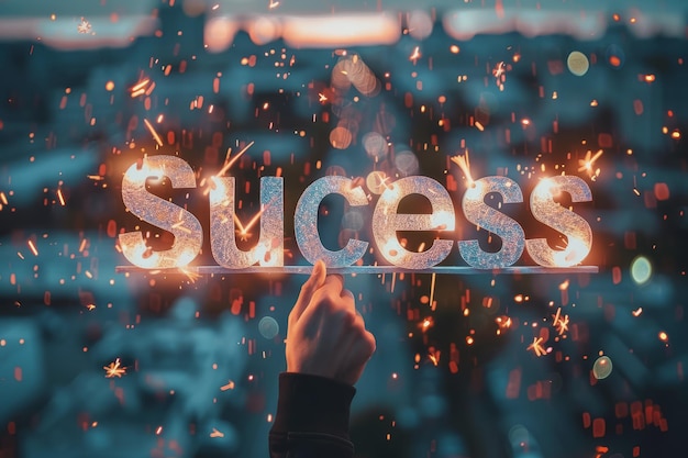 Photo a person stands confidently in front of a business sign with the word success and a startup