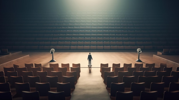 A person stands in a dark theater with a large empty stage and a light on the wall behind them.