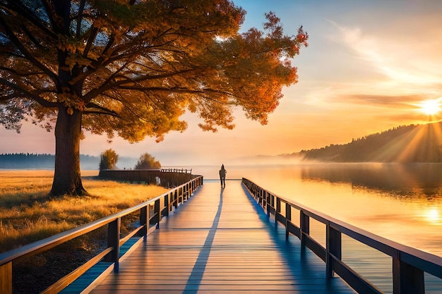 A person stands on a dock in front of a sunset.