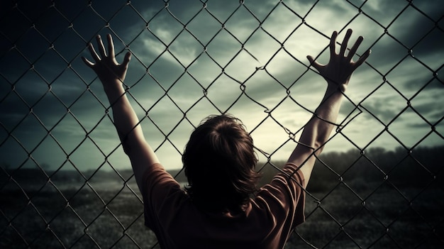 A person stands in front of a fence with their arms up to the sky.