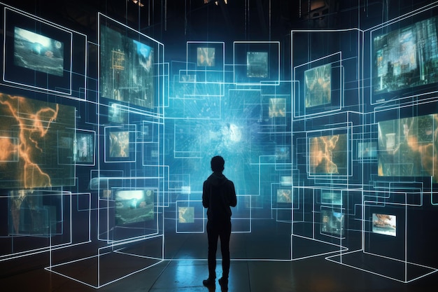 A person stands in front of a wall made up of numerous video screens displaying various images and videos Cybercommunication shown through a series of holographic screens AI Generated