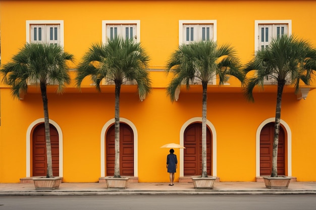 A person stands in front of a yellow building with palm trees on the side.