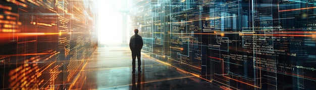 Photo a person stands in a futuristic corridor surrounded by glowing data streams symbolizing technology and innovation