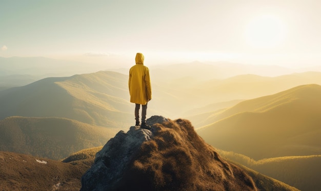 A person stands on a mountain top looking at the mountains.