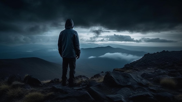 A person stands on a mountain top looking at the mountains below.