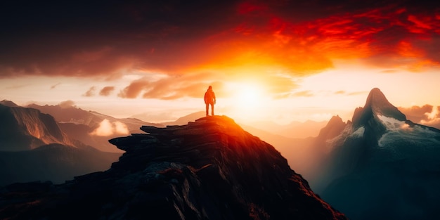 A person stands on a mountain top with the sun setting behind them.