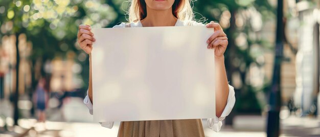 Photo a person stands outdoors in a sunlit urban setting holding a blank white sign ready for text or images to be added