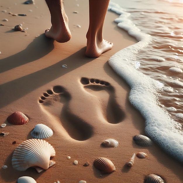 a person stands in the sand with shells in the sand