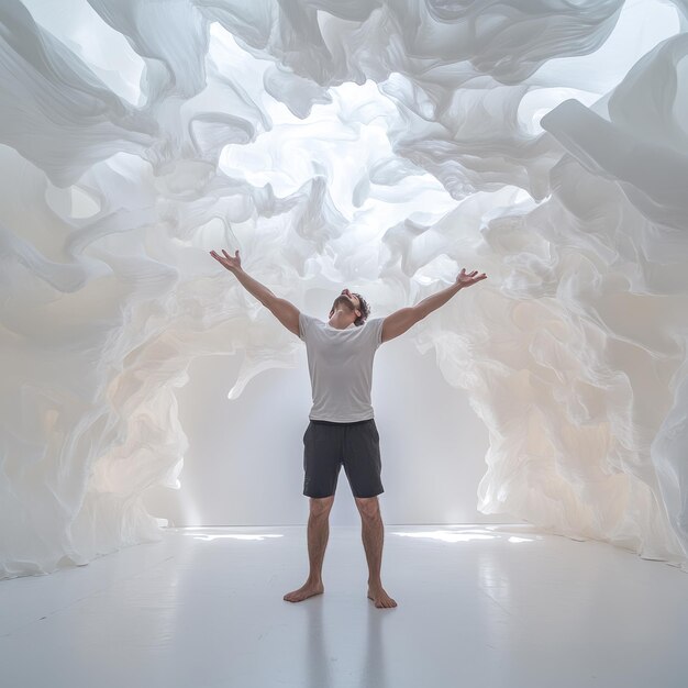 Photo a person stands in a sculptural white space arms raised in awe