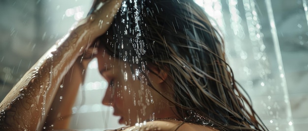 Photo a person stands under a shower with hands on hair water droplets cascading down illuminated by soft light creating a tranquil and refreshing atmosphere