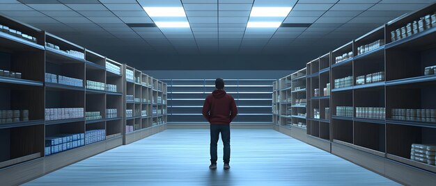 Photo a person stands in a spacious modern storage room filled with shelves evoking a sense of contemplation and solitude