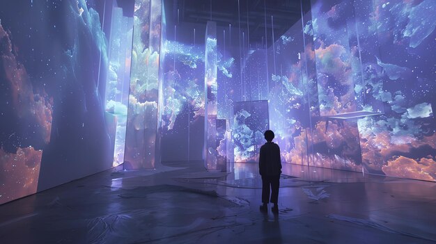 A person stands in a surreal space filled with glowing iridescent panels displaying images of galaxies and nebulae