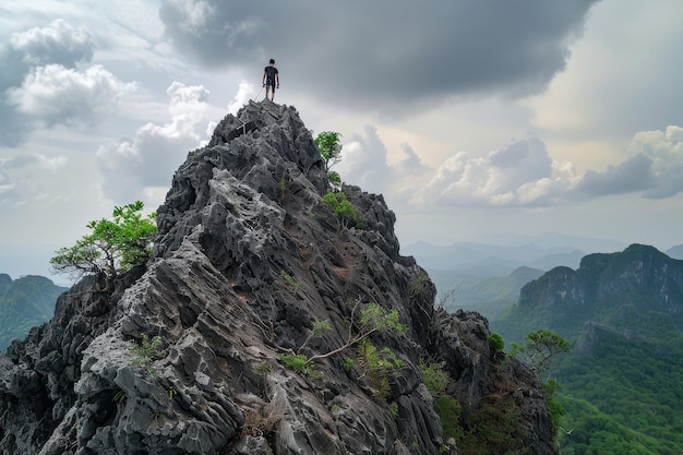 Photo a person stands triumphantly on the summit of a mountain under a clear sky climbing to the top of a towering mountain for panoramic views