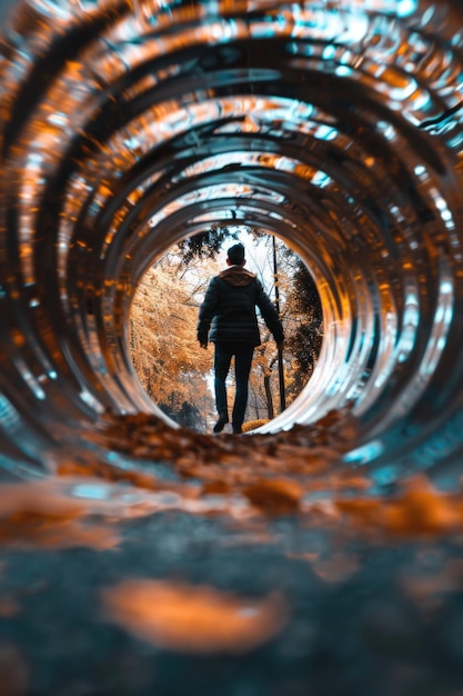 Photo a person stands in a tunnel holding a ski ready for a snowy adventure