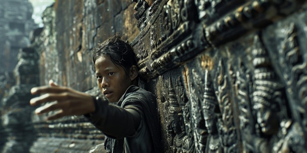 A person stands with their hand resting on a large aged stone wall its intricate carvings depicting