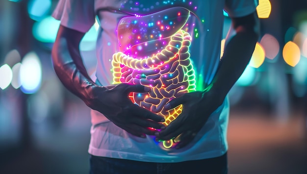 Photo a person stands with a transparent view of their digestive system indicating problems in the stomach generative ai