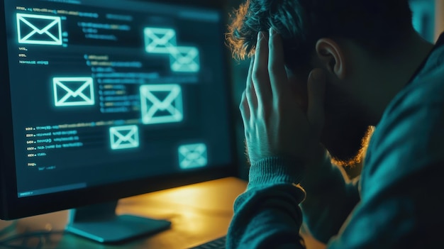 Photo a person stressed while looking at a computer screen displaying emails and code