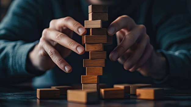 Photo a person in a suit carefully stacks wooden blocks in a balancing game