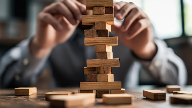 Photo a person in a suit carefully stacks wooden blocks in a balancing game