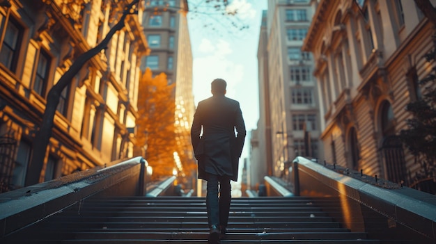 A person in a suit walking up a long set of stairs in front of a large gorgeous building