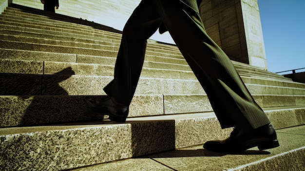 Photo a person in a suit walking up the stairs with sunlight creating a silhouette effect