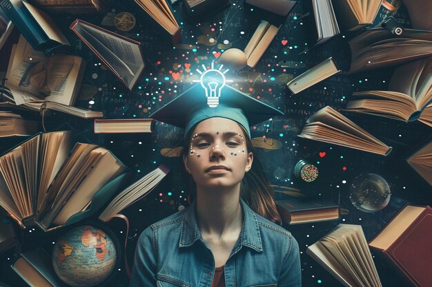 Photo a person surrounded by books with various symbols of education and learning such as a graduation cap and a lightbulb