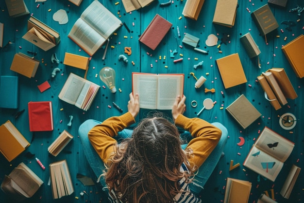 Photo a person surrounded by books with various symbols of education and learning such as a graduation cap and a lightbulb