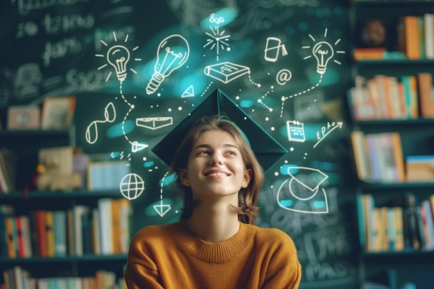 Photo a person surrounded by books with various symbols of education and learning such as a graduation cap and a lightbulb