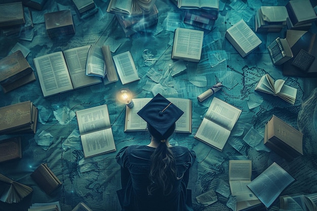 Photo a person surrounded by books with various symbols of education and learning such as a graduation cap and a lightbulb