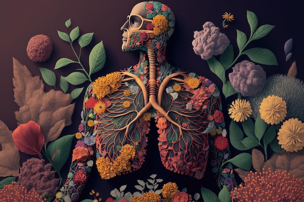 Person surrounded by garden of flowers with lungs made from blooms created with generative ai