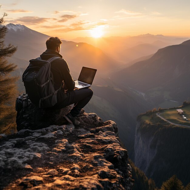 A person surrounded by lush greenery using a laptop in a vibrant forest